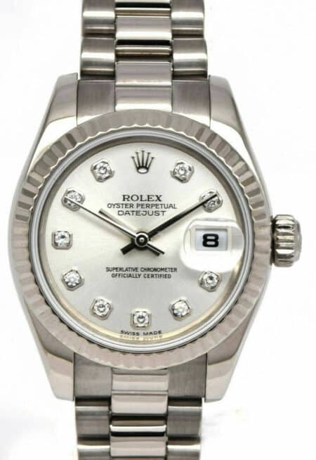 Rolex Datejust 18k White Gold Silver Diamond Dial 26mm President Watch Y 179179