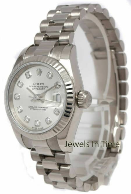 Rolex Datejust 18k White Gold Silver Diamond Dial 26mm President Watch Y 179179