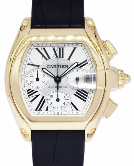 Cartier Roadster XL Chronograph 18k Yellow Gold Silver Dial Mens Watch 2619