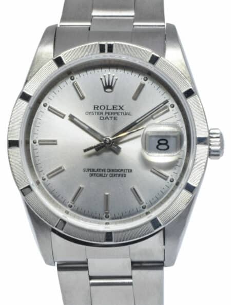 Rolex Date Steel Silver Dial Engine Turned Bezel 34mm Watch D 15210