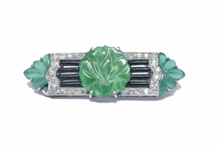 18K White Gold Vintage Diamond 
Carved Emerald Pin