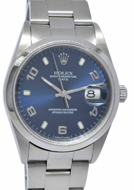 Rolex Date Stainless Steel Blue Dial Oyster Bracelet Mens 34mm Watch  F 15200