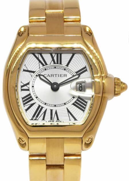 Cartier Roadster Date 18k Yellow Gold Silver Roman Dial Ladies Quartz Watch 2676