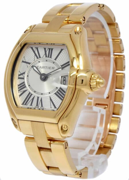 Cartier Roadster Date 18k Yellow Gold Silver Roman Dial Ladies Quartz Watch 2676