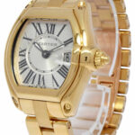 Cartier Roadster Date 18k Yellow Gold Silver Roman Dial Ladies Quartz Watch 2676