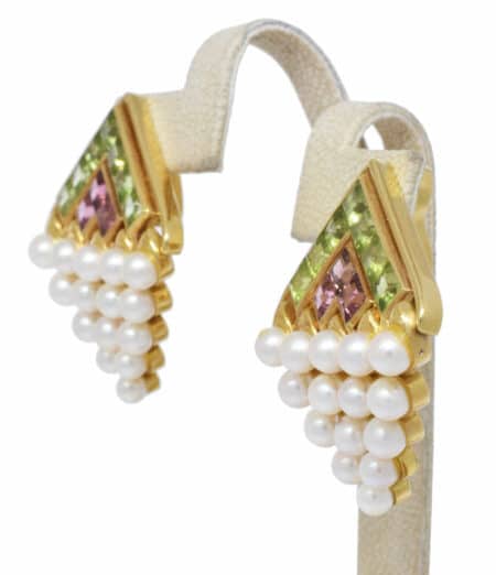 Ladies 18K Gold Peridot Rhodolite Pearl Earrings