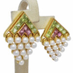 Ladies 18K Gold Peridot Rhodolite Pearl Earrings