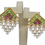 Ladies 18K Gold Peridot Rhodolite Pearl Earrings