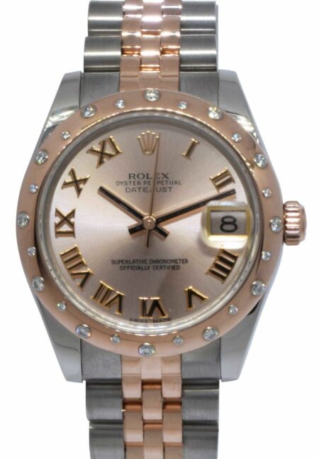 Rolex Datejust 18k Rose Gold/Steel Diamond Bezel Pink 31mm Watch +Card 178341