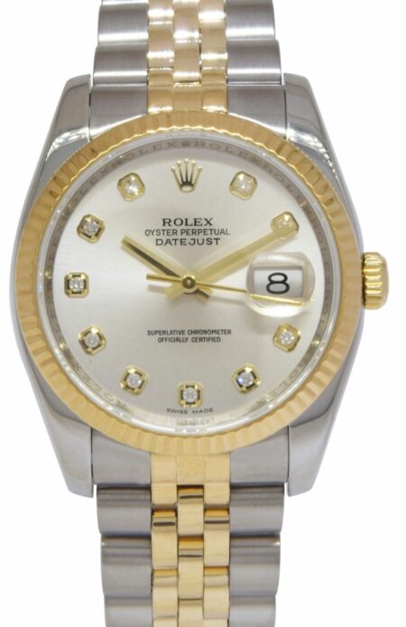 Rolex Datejust 18k Yellow Gold/Steel Silver Diamond 36mm Watch +Card M 116233