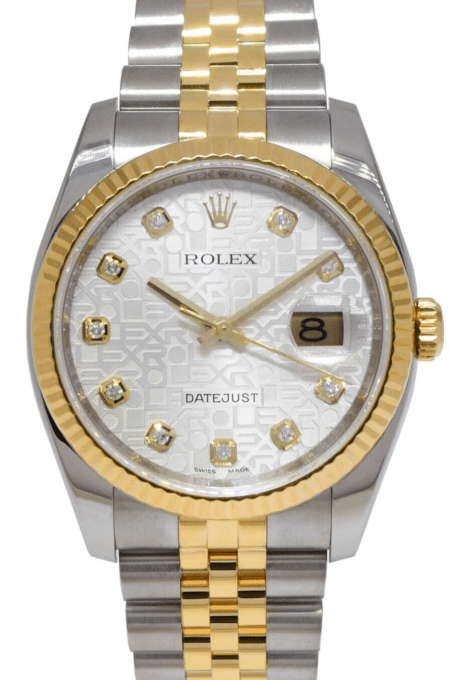 Rolex Datejust 18k Yellow Gold/Steel Silver Diamond Dial 36mm Watch +12 116233