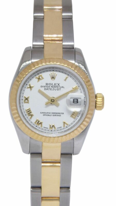 Rolex Datejust 18k Yellow Gold/Steel White Roman Dial 26mm Watch B/P Z 179173