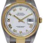 Rolex Datejust 18k Yellow Gold/Steel White Roman Dial Mens 36mm Watch Z 116203