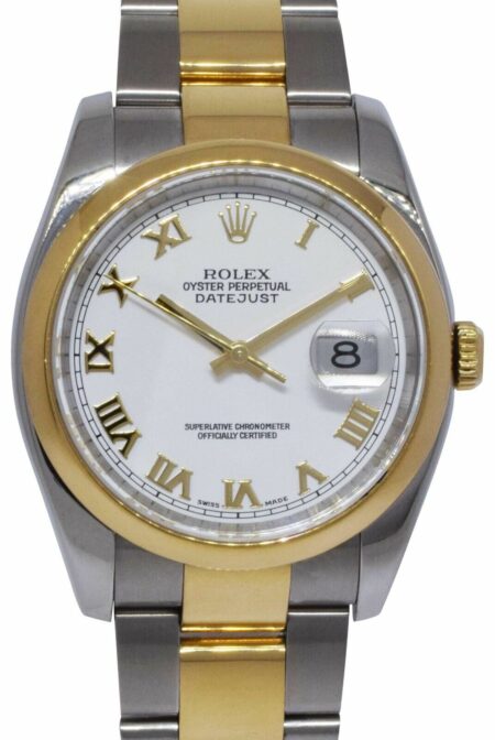 Rolex Datejust 18k Yellow Gold/Steel White Roman Dial Mens 36mm Watch Z 116203