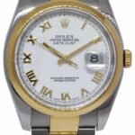 Rolex Datejust 18k Yellow Gold/Steel White Roman Dial Mens 36mm Watch Z 116203