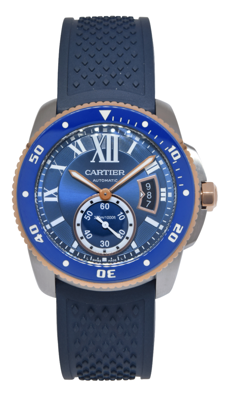 Cartier Calibre Diver Steel 
18k Rose Gold Bezel Blue 42mm Watch W2CA0008 3729