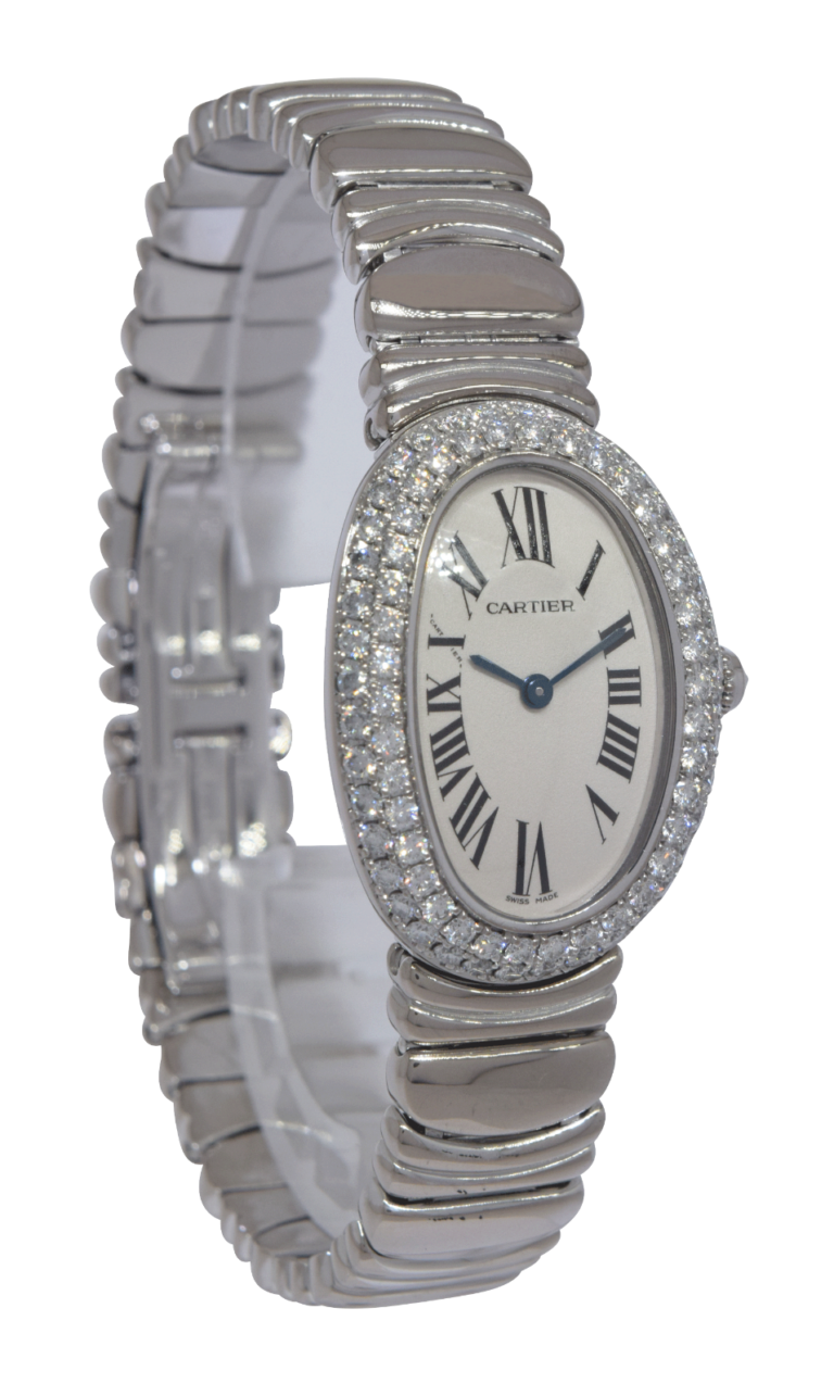 Cartier Baignoire 18k White Gold Diamond Bezel Ladies Quartz Watch WB5097L2 1955