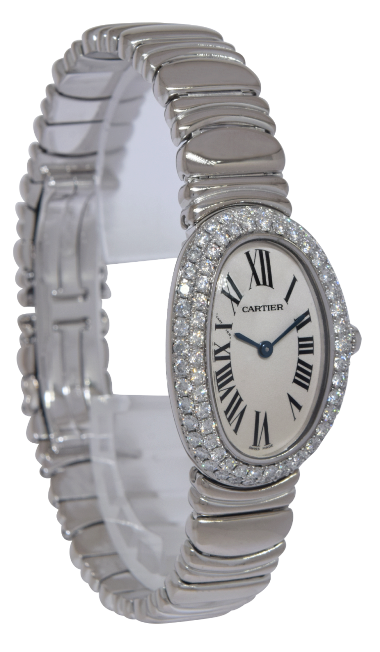 Cartier Baignoire 18k White Gold Diamond Bezel Ladies Quartz Watch WB5097L2 1955