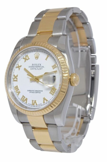 Rolex Datejust 18k Yellow Gold/Steel White Roman Dial 36mm Oyster Watch 116233