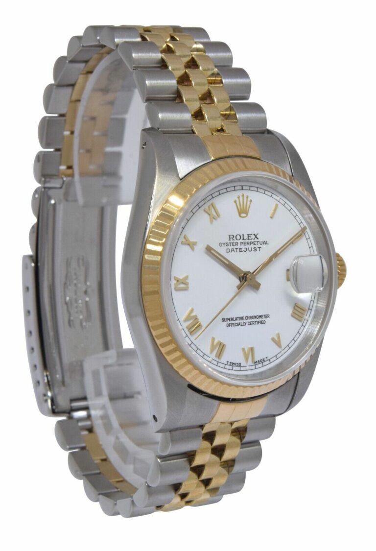 Rolex Datejust 18k Yellow Gold/Steel White Roman Dial Mens 36mm Watch R 16233