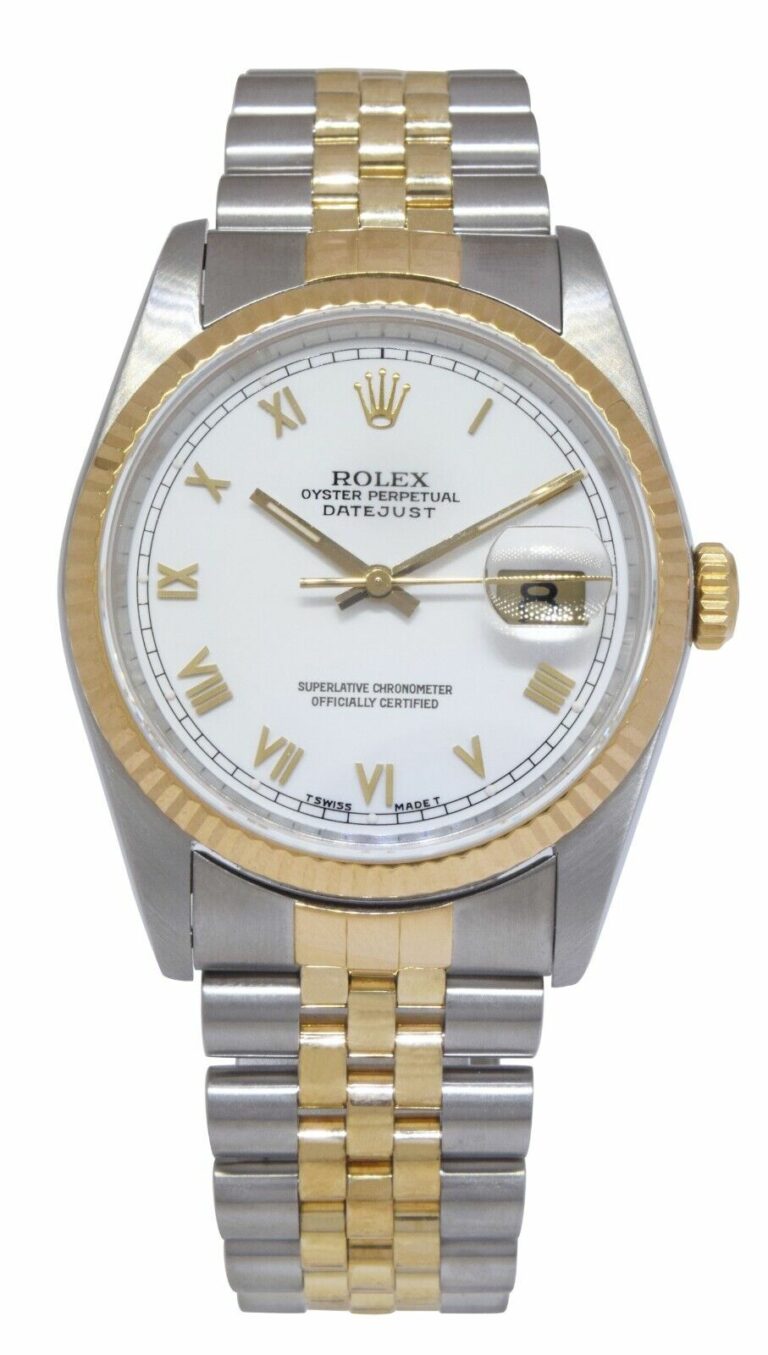 Rolex Datejust 18k Yellow Gold/Steel White Roman Dial Mens 36mm Watch R 16233