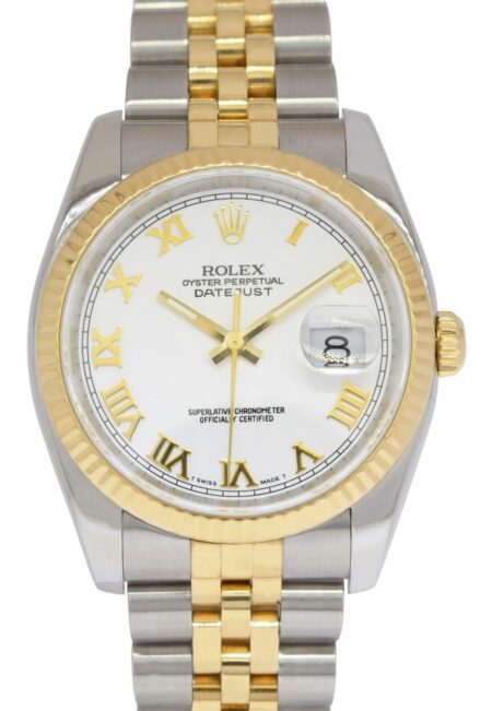 Rolex Datejust 18k Yellow Gold/Steel White Roman Dial Mens 36mm Watch D 116233