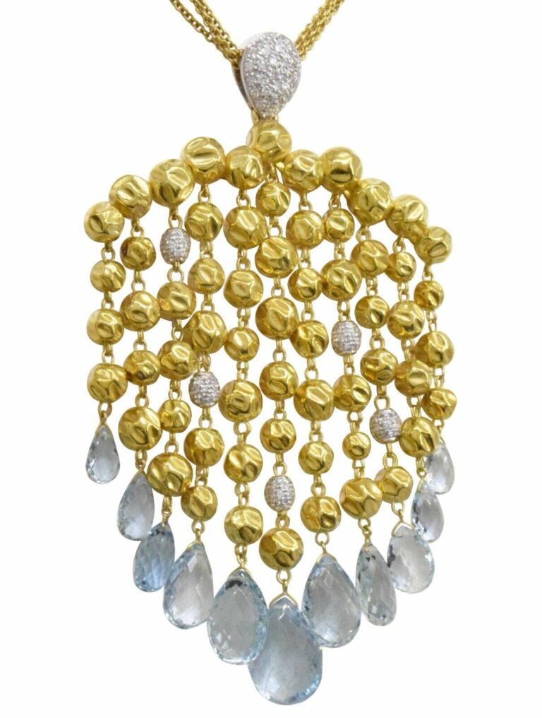 Ladies Necklace 18k Yellow Gold Diamonds 
Aquamarines