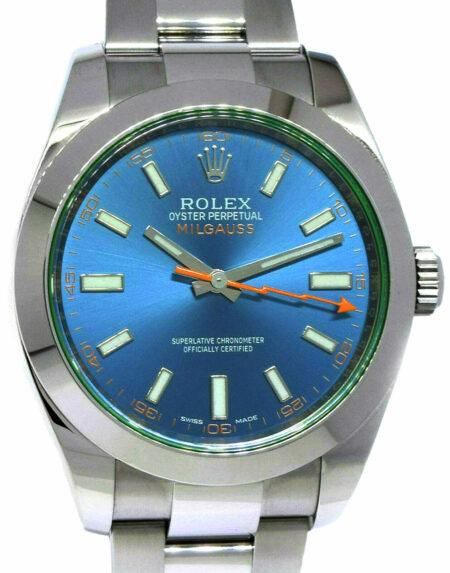 Rolex Milgauss Steel Blue Dial Green Crystal Mens 40mm Watch B/P '22 116400