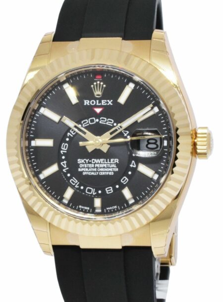 NEW Rolex Sky-Dweller GMT 18k YG Black Dial /Rubber Strap Watch B/P '22 326238