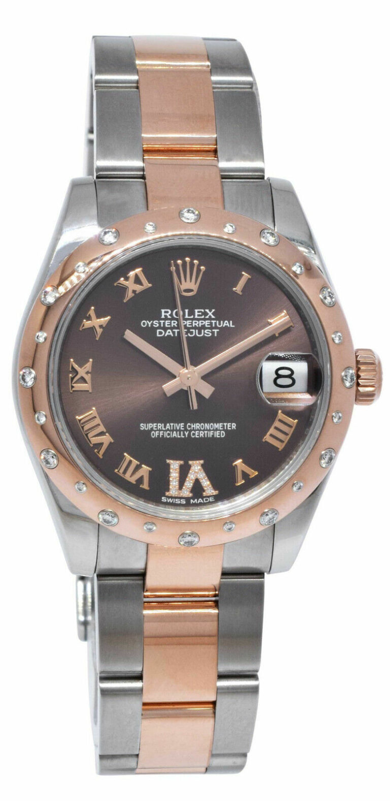 NOS Rolex Datejust 31 SS/18k RG Diamond Bezel Chocolate Dial Watch + '21 178341