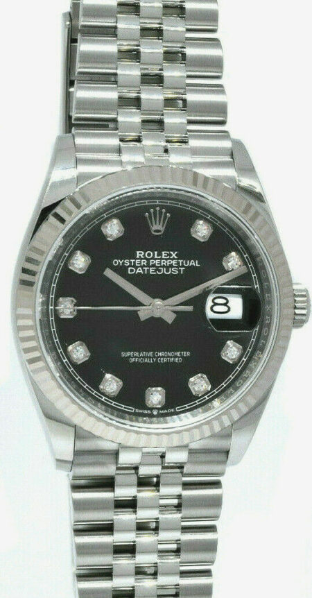 NOS Rolex Datejust Steel Black Diamond Dial Mens 36mm Watch '21 B/P 126234