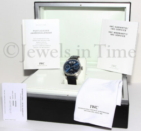 IWC Portugieser Annual Calendar 5035 Steel 7 Days Blue Mens 44mm Watch IW503502