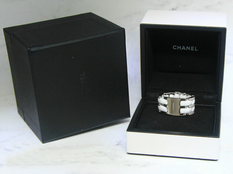 Chanel Ultra Wide 18k White Gold Diamond White Ceramic Ring Size 62 +Box J2645