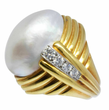 David Webb Mabe Pearl 
Diamond 18k Yellow Gold Platinum Cocktail Ring 5.75