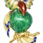 Diamond 
Sapphire Large Enamel Bird Brooch in 18K Yellow Gold