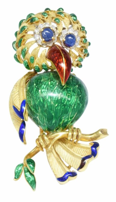 Diamond 
Sapphire Large Enamel Bird Brooch in 18K Yellow Gold