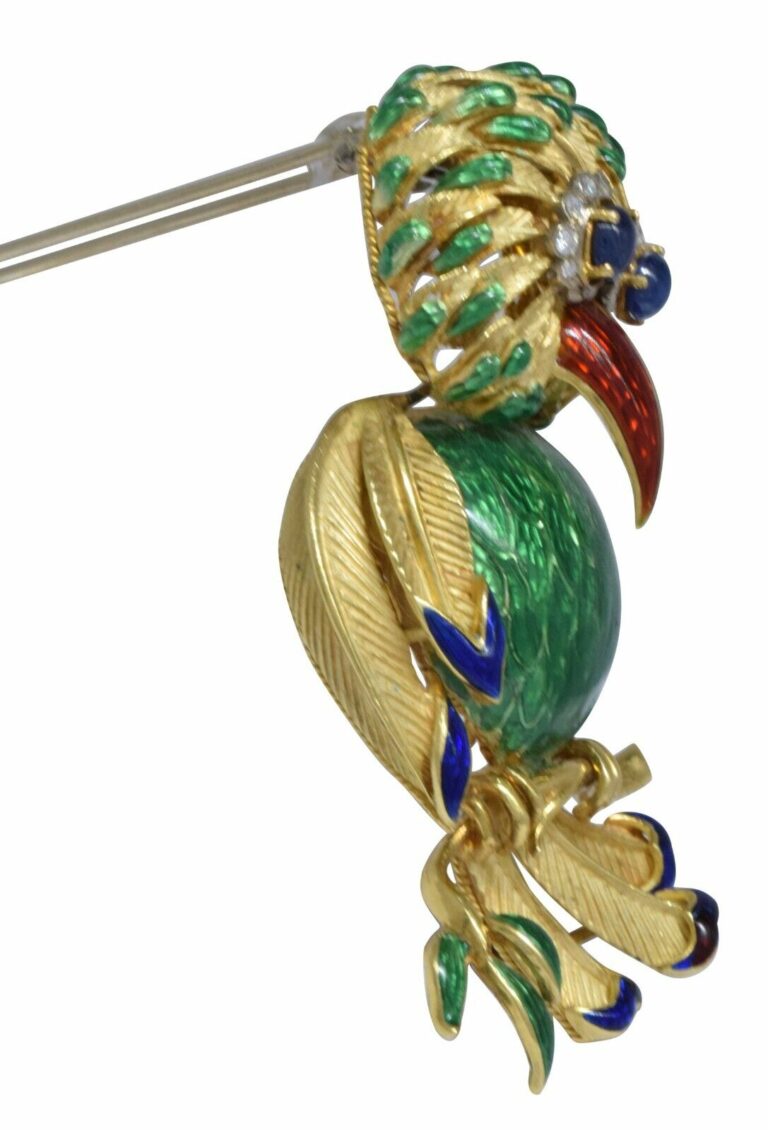 Diamond 
Sapphire Large Enamel Bird Brooch in 18K Yellow Gold