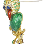 Diamond 
Sapphire Large Enamel Bird Brooch in 18K Yellow Gold