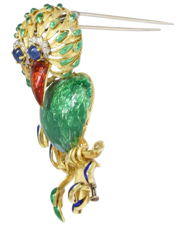 Diamond 
Sapphire Large Enamel Bird Brooch in 18K Yellow Gold