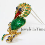 Diamond 
Sapphire Large Enamel Bird Brooch in 18K Yellow Gold