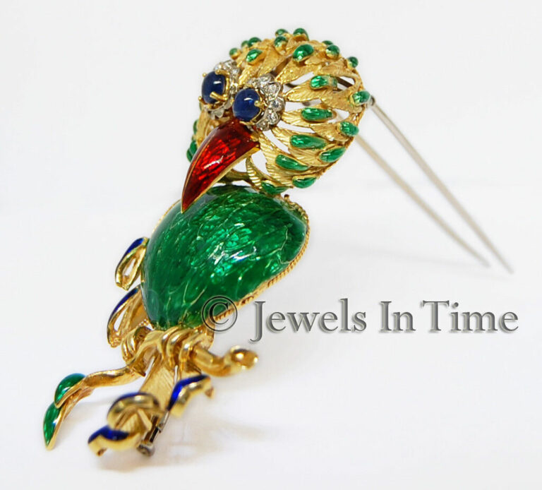 Diamond 
Sapphire Large Enamel Bird Brooch in 18K Yellow Gold