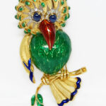 Diamond 
Sapphire Large Enamel Bird Brooch in 18K Yellow Gold