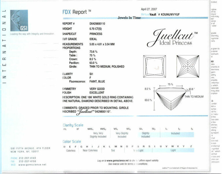 Diamond Ring 18K White Gold .70 CT Princess + Papers 6