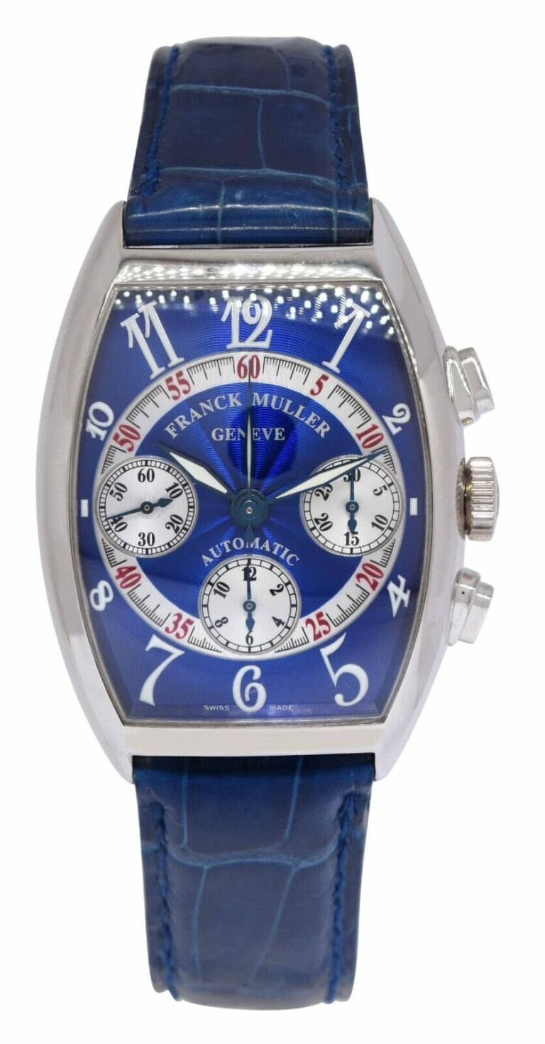 Franck Muller Cintree Curvex Chronograph 18k White Gold Blue Mens Watch 7850 CC