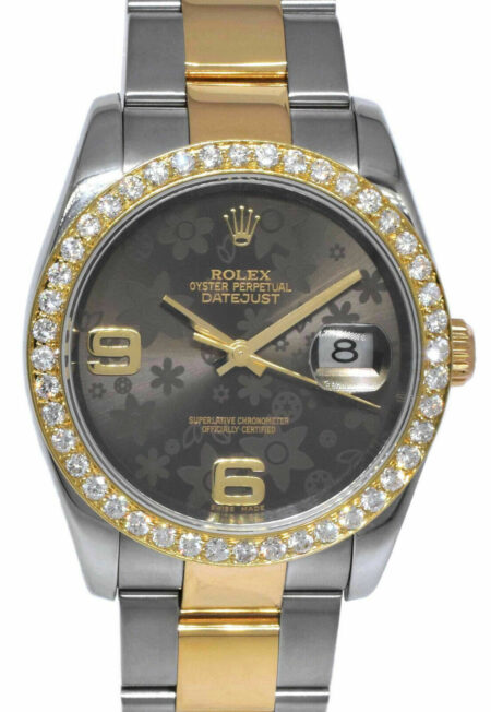 Rolex Datejust 18k YG/SS Chocolate Floral Dial Diamond Bezel 36mm Watch F 116233