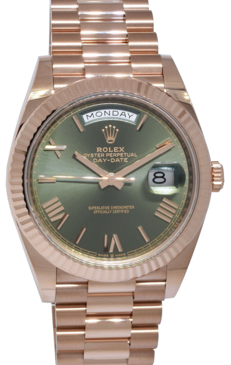 NOS Rolex Day-Date 40 18k Everose Gold Olive Green Mens Watch B/P '24 228235