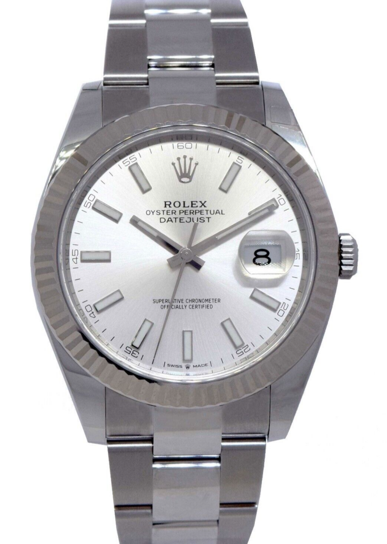 Rolex Datejust 41 Steel /18k WG Bezel Silver Index Dial Mens Watch + Card 126334