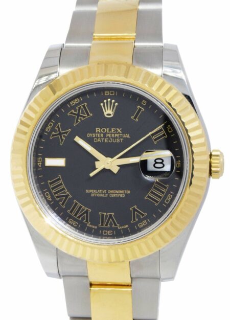 Rolex Datejust II 18k Yellow Gold/Steel Black Roman Dial Mens 41mm Watch 116333