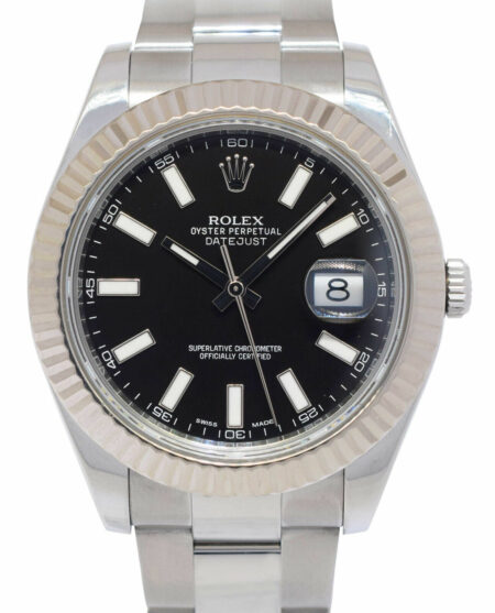 Rolex Datejust II Steel 
18k White Gold Bezel Black Dial Mens 41mm Watch 116334