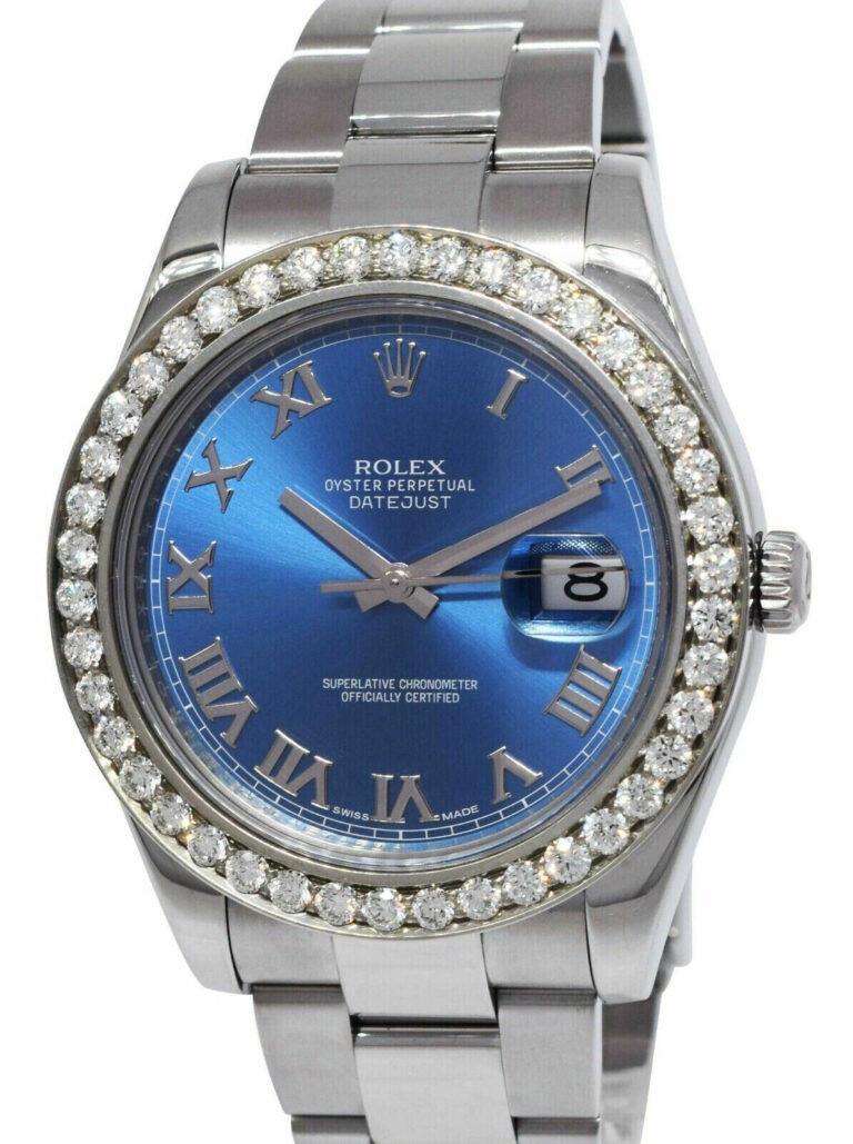 Rolex Datejust II Steel 3.30 CT Diamond Bezel Blue Roman Dial 41mm Watch 116300